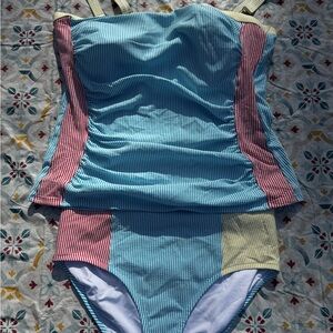 Lands' End Teal and Yellow Striped Swimwear